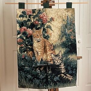 Vintage Cat & Kitten Woven Tapestry Wall Hanging Blue Green Floral